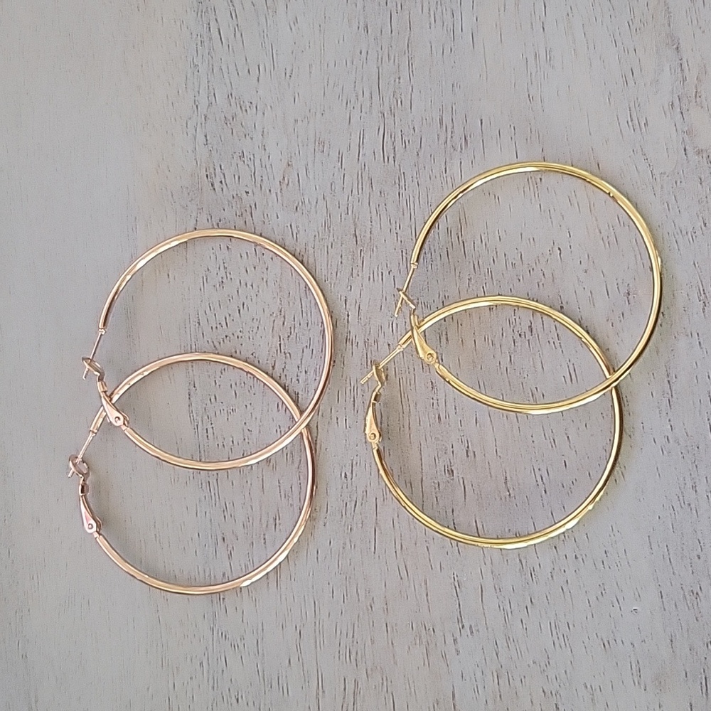 2 Pairs Gold and Rose Gold Fashion Hoop Earrings 2"